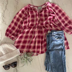 Anthropologie Maeve Cavalon Peplum Red Plaid 3/4 Sleeve top shirt blouse Medium
